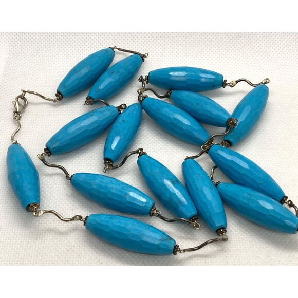 Vintage 37'' Beaded Faceted Blue Howlite Stone Necklace Sterling 925 Silver 108g - Picture 1 of 7